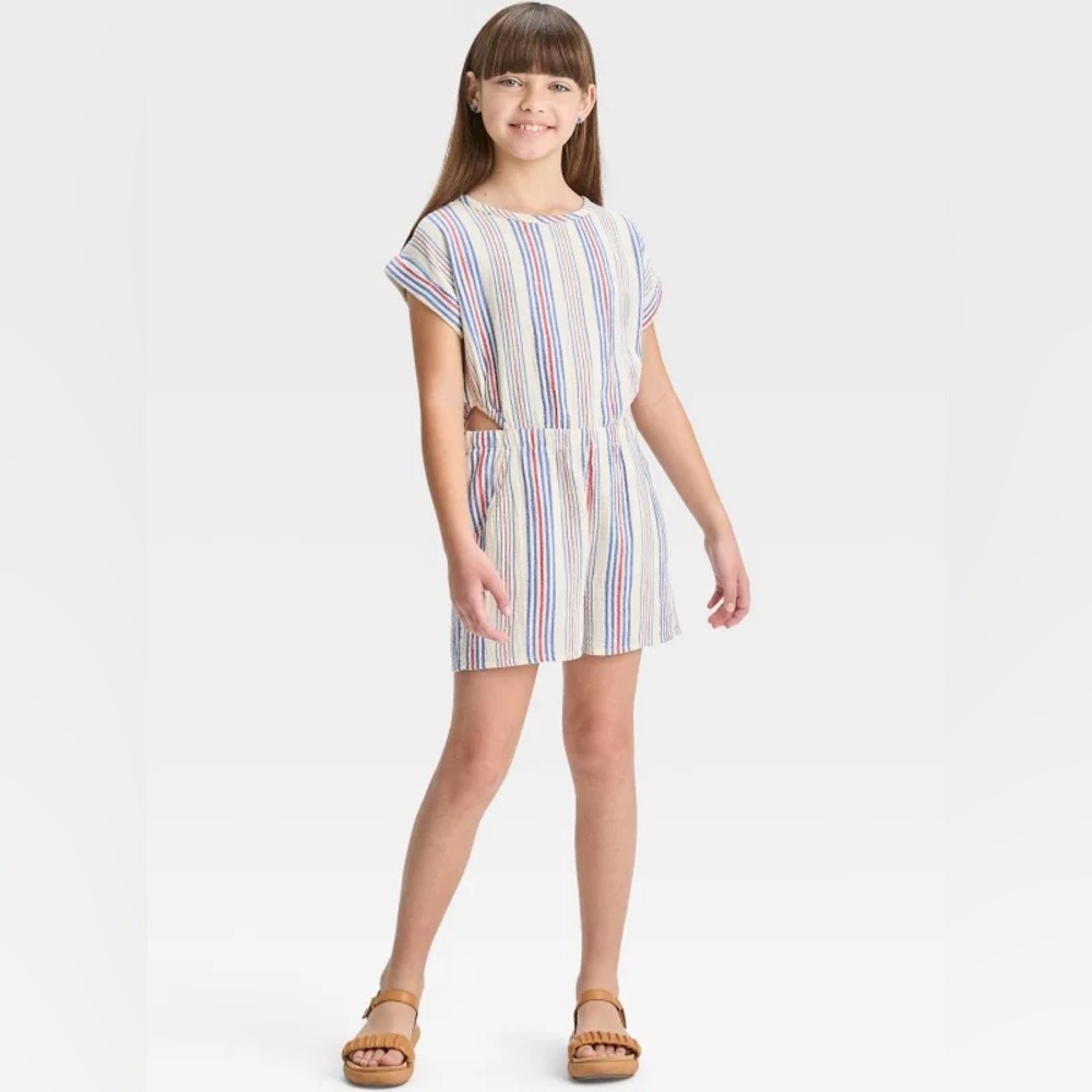 Cat & Jack Girls Red White Blue Striped Romper | Side Cutouts | Size XS (4/5)